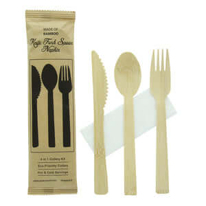 Bamboo cutlery kit 4/1 (Knife, Fork, Spoon, Napkin) - 6.7in - 100 kits