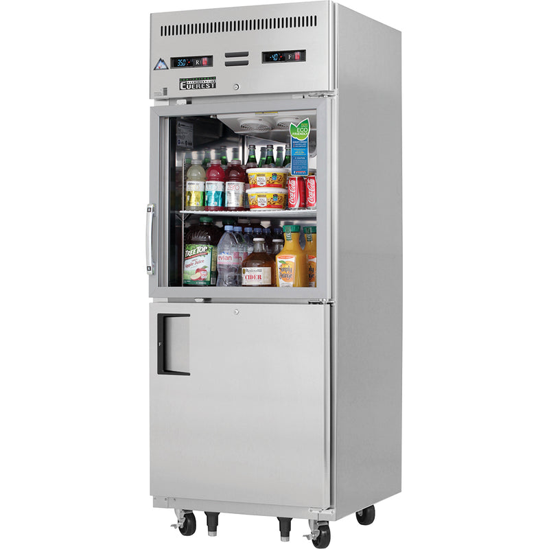 Everest Refrigeration 1 Section - 2 Half Door Dual Temp, Top Glass & Bottom Solid, 29 1/4